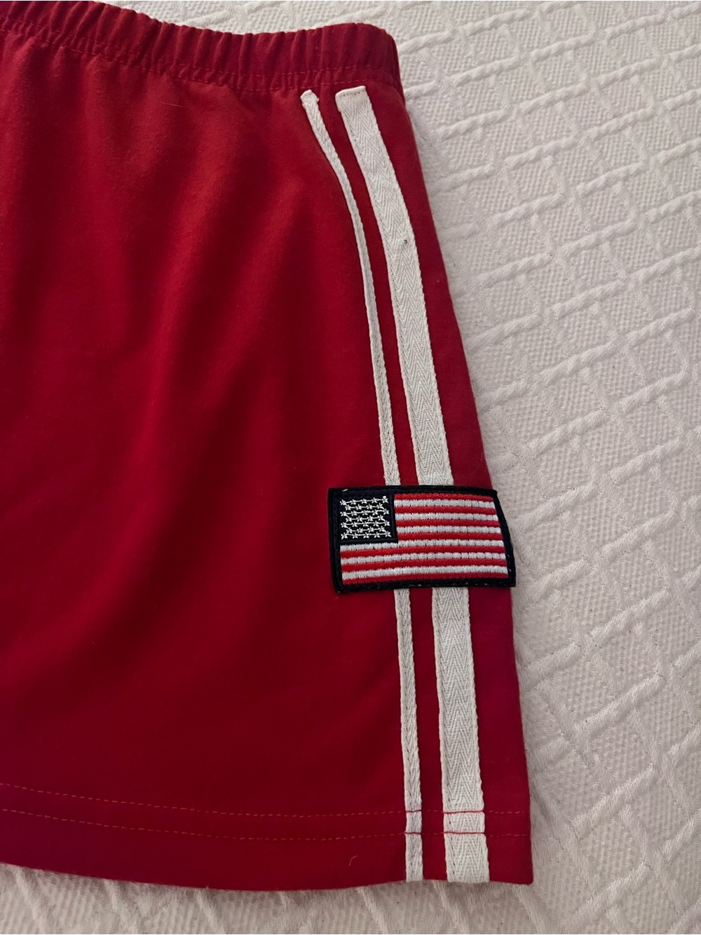 Super 😎 sporty/hot Red Athletic mini with Flag Patch.